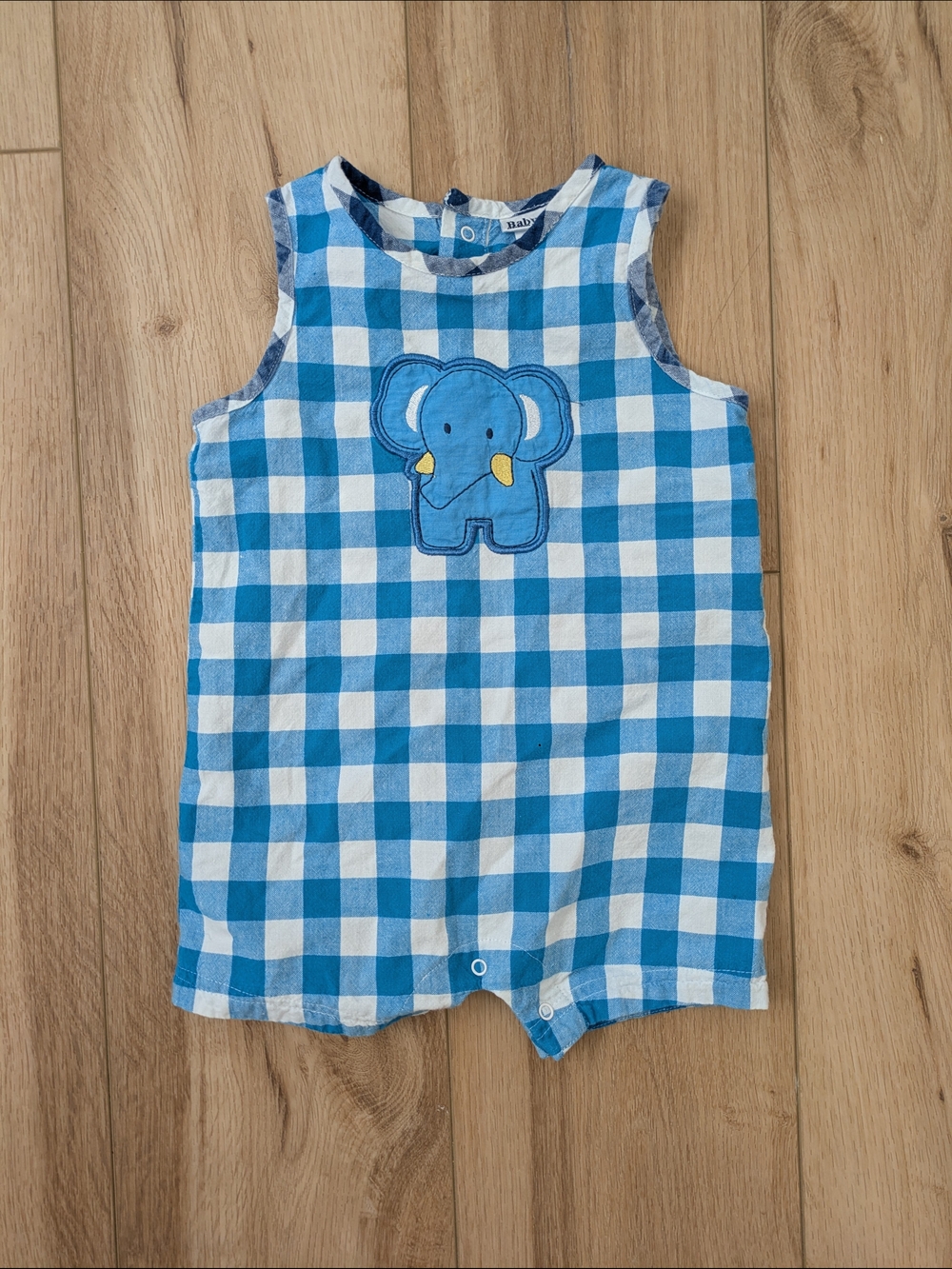 Blue Gingham Elephant Baby Romper
